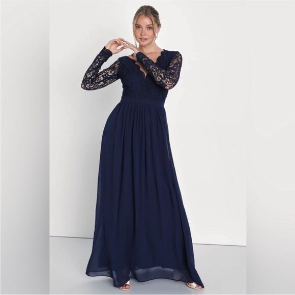 Lulus Navy Blue Long Sleeve Lace Maxi Dress Size M Romantic Open Back A-Line - Picture 5 of 11
